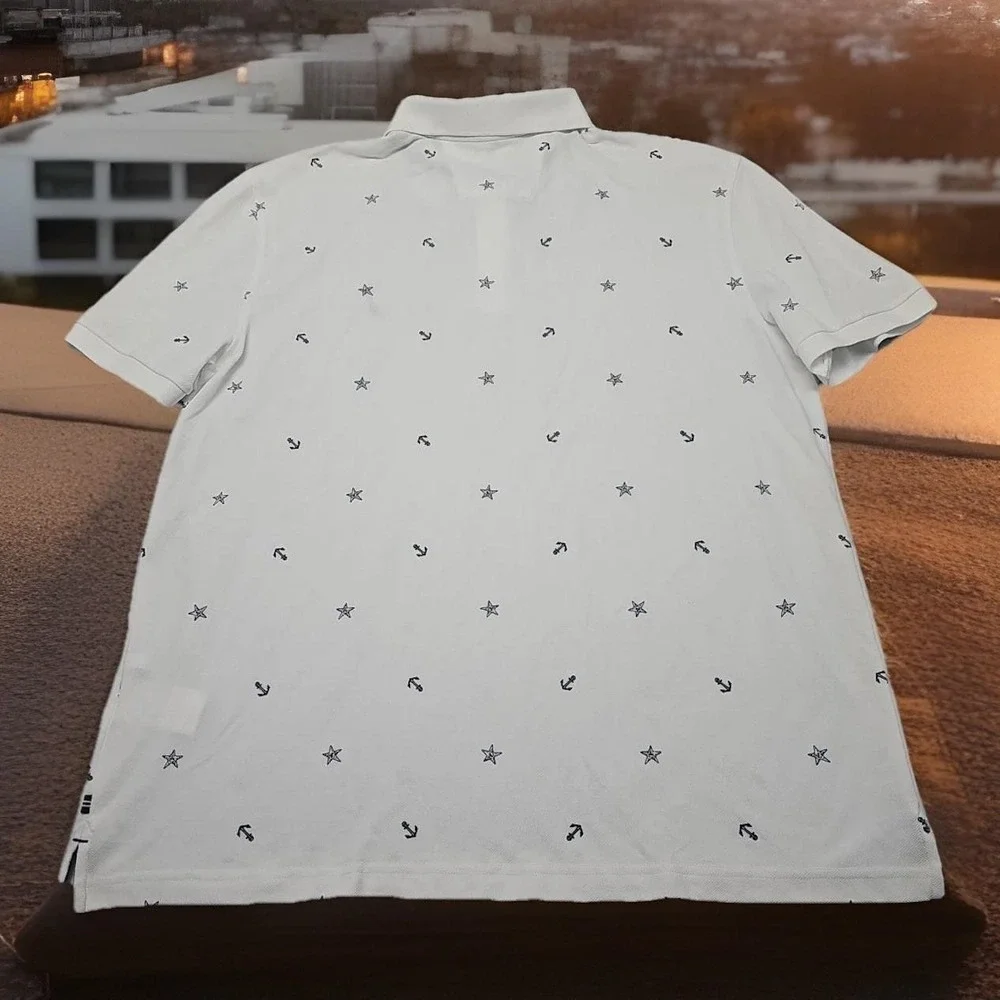 Nautica Performance Deck Polo Men XXL Shirt White Blue Anchor Nautical Print AOP